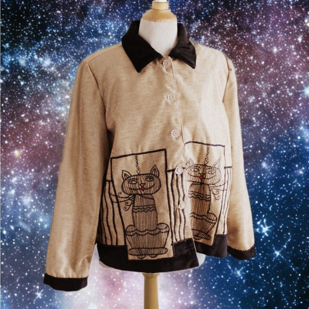 Anage Beige Cat Embroidered Jacket Vintage